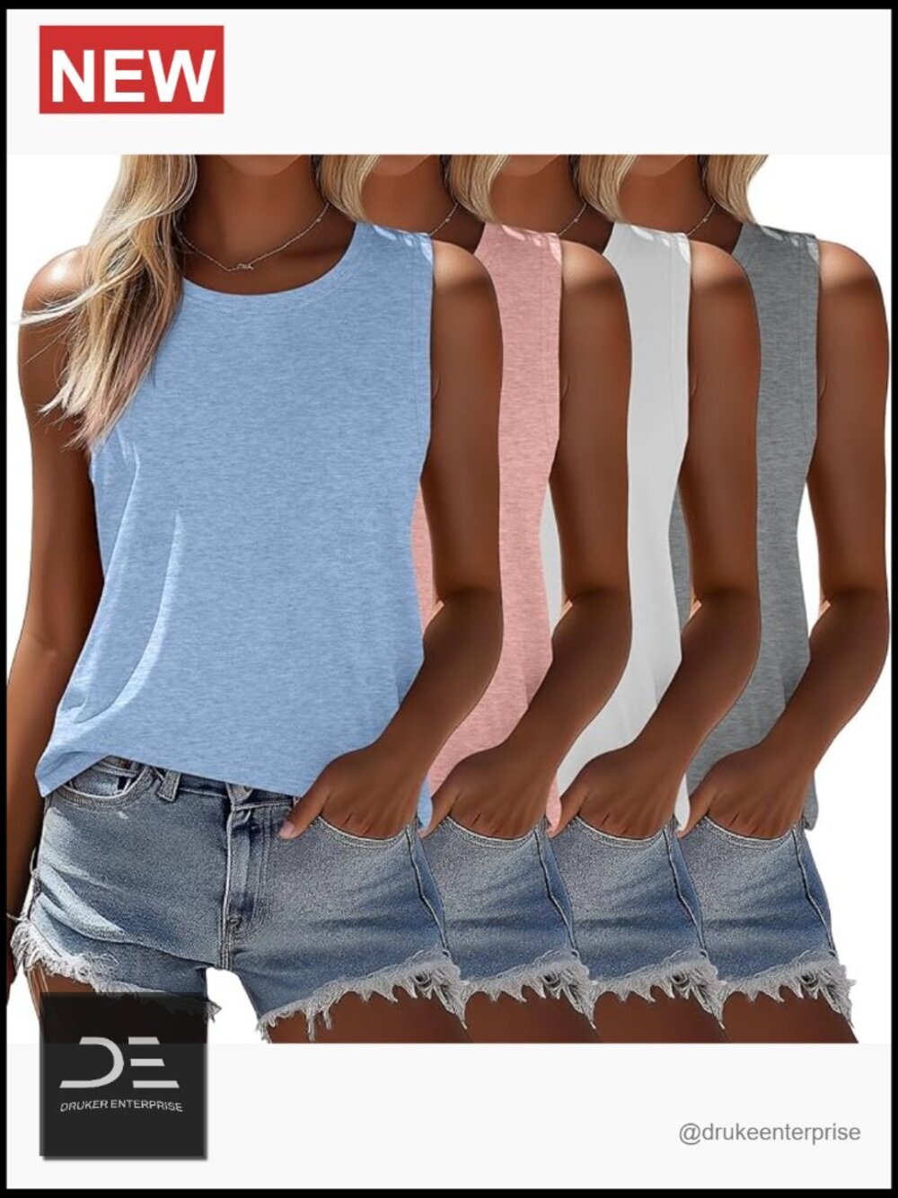 4 Pack Women's Sleeveless Tank Tops Loose Fit Crew Neck Cotton Blend Stretchy